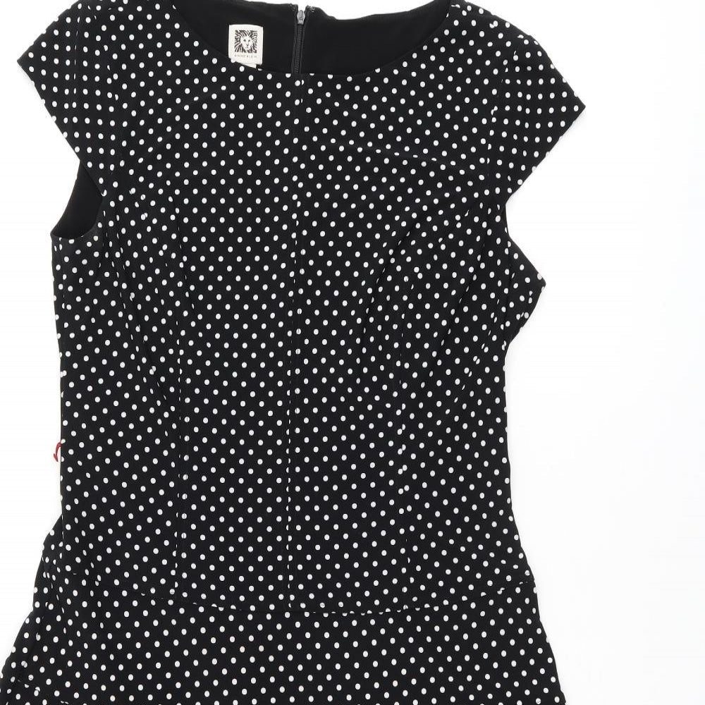 Anne Klein Womens Black Polka Dot Polyester Skater Dress Size 10 Boat Neck Zip
