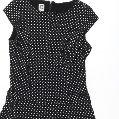 Anne Klein Womens Black Polka Dot Polyester Skater Dress Size 10 Boat Neck Zip