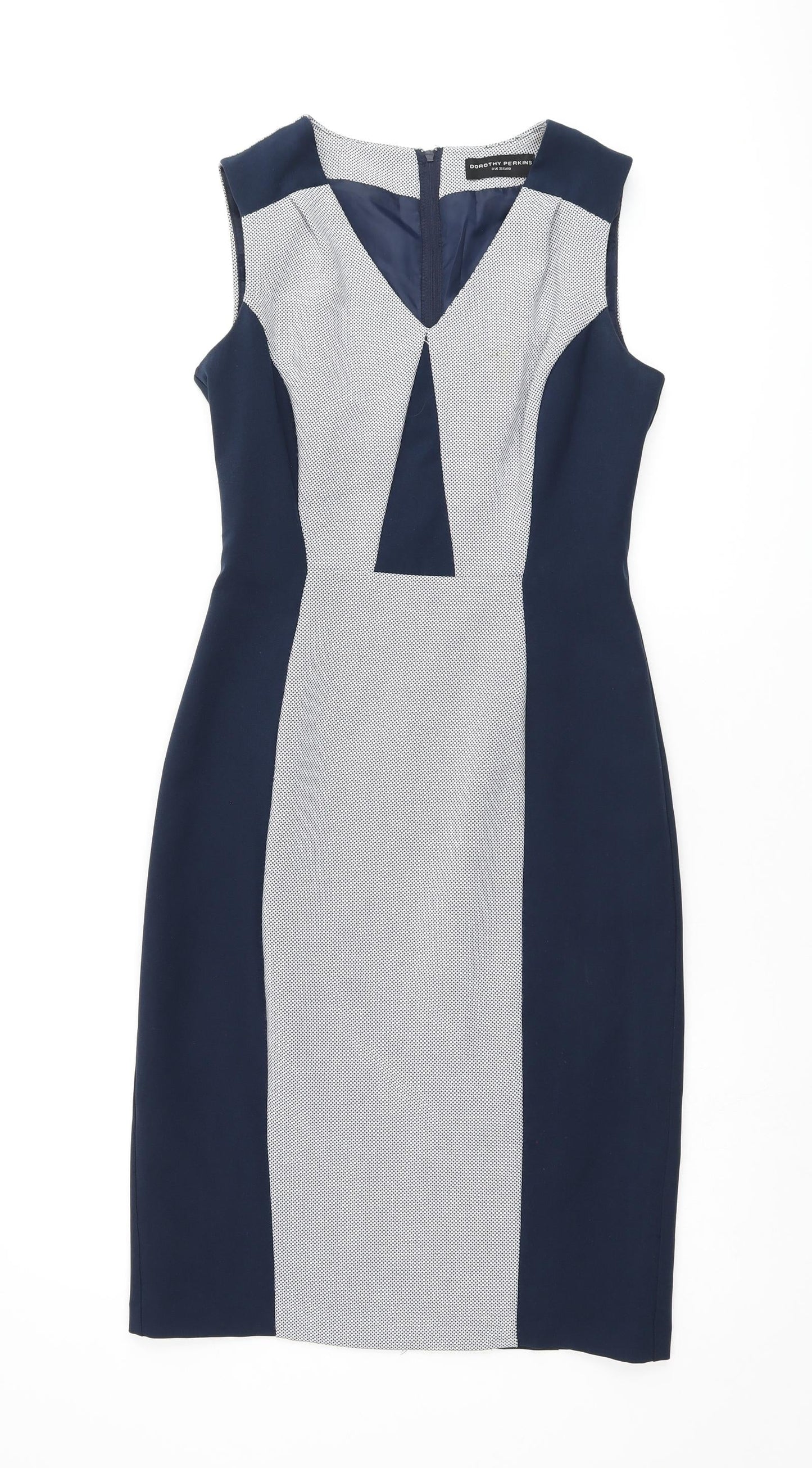 Dorothy Perkins Womens Blue Polyester Pencil Dress Size 8 V-Neck Zip