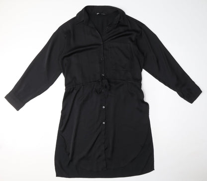 Zara Womens Black Polyester Shirt Dress Size S Collared Button - Drawstring