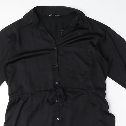 Zara Womens Black Polyester Shirt Dress Size S Collared Button - Drawstring