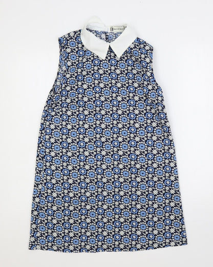 Hearts & Bows Womens Blue Floral Polyester Shift Size 8 Collared Button