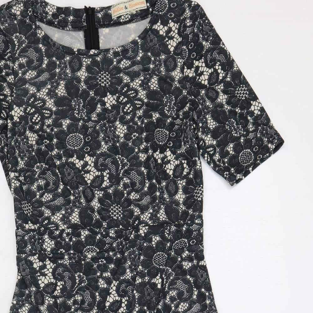 Billie & Blossom Womens Blue Floral Polyester Pencil Dress Size 8 Boat Neck Zip