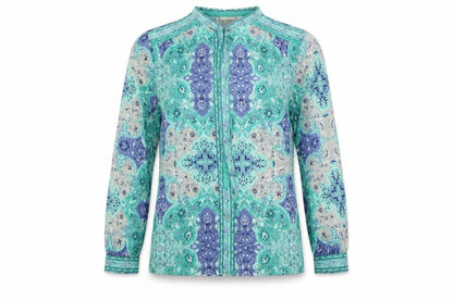 Kai Ming Womens Green Paisley Polyester Basic Button-Up Size 12 Mock Neck