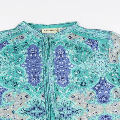 Kai Ming Womens Green Paisley Polyester Basic Button-Up Size 12 Mock Neck