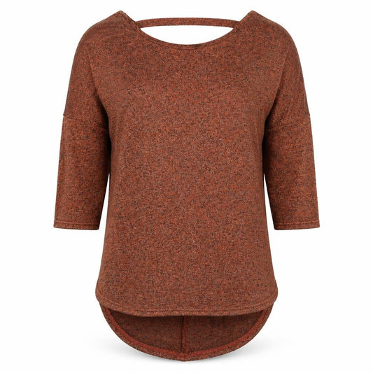 Front view of Miss Selfridge women’s brown boat neck polyester jumper, size UK 10, - cut out back detail