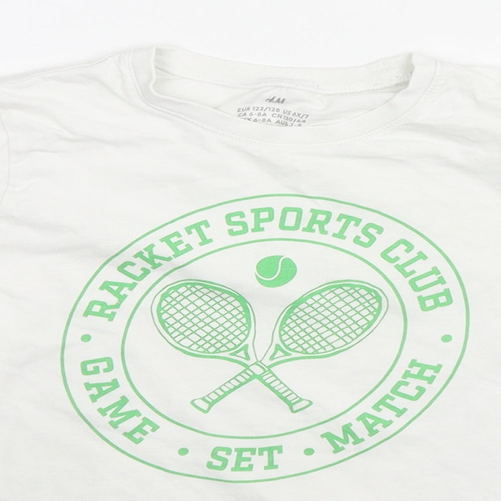 H&M Girls White Cotton Basic T-Shirt Size 6-7 Years Round Neck Pullover - 6-8 Years, Racket Sports Club