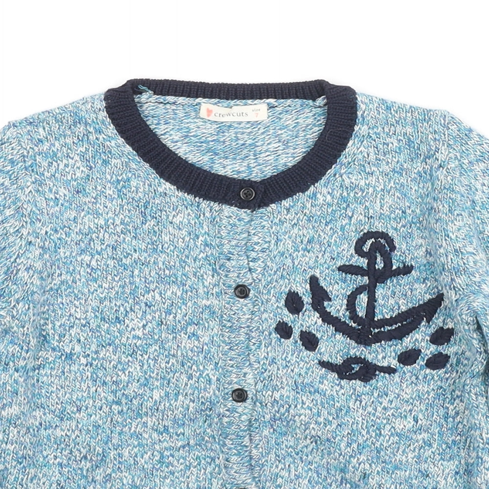 Crewcuts Girls Blue Round Neck Polyester Cardigan Jumper Size 7 Years Button - Embraided Anchor