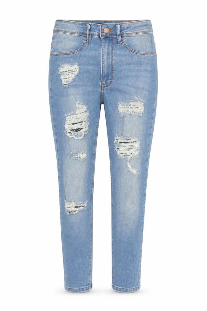 Front view of Fashion Nova women’s blue cotton skinny jeans, size UK 26, in, 31-inch leg regular zip