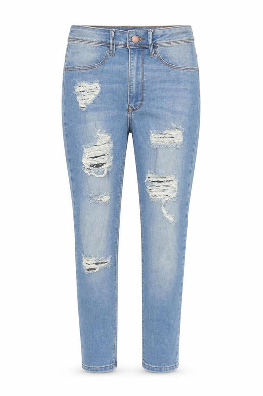 Front view of Fashion Nova women’s blue cotton skinny jeans, size UK 26, in, 31-inch leg regular zip
