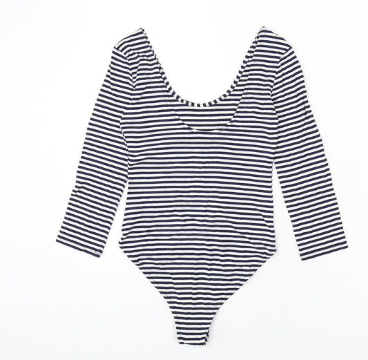 FOREVER 21 Womens Blue Striped Vinyl Bodysuit One-Piece Size S Pullover