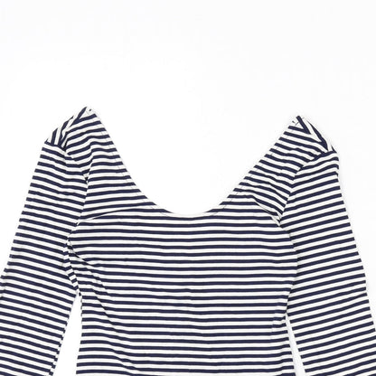 FOREVER 21 Womens Blue Striped Vinyl Bodysuit One-Piece Size S Pullover