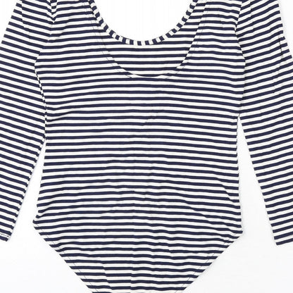 FOREVER 21 Womens Blue Striped Vinyl Bodysuit One-Piece Size S Pullover