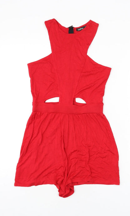 Boohoo Womens Red Vinyl Romper One-Piece Size 10 L3 in Zip - Cut Out Detail