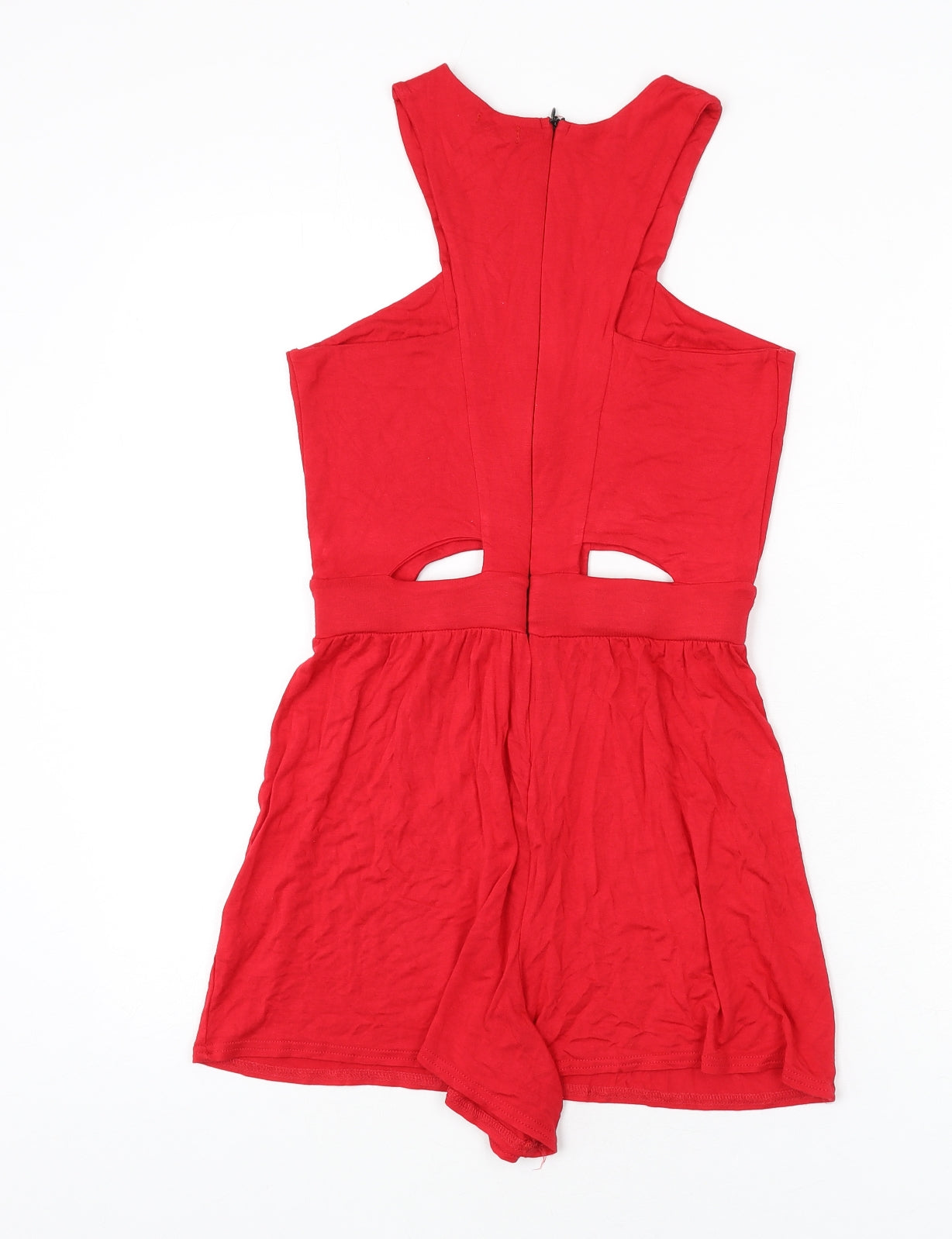 Boohoo Womens Red Vinyl Romper One-Piece Size 10 L3 in Zip - Cut Out Detail