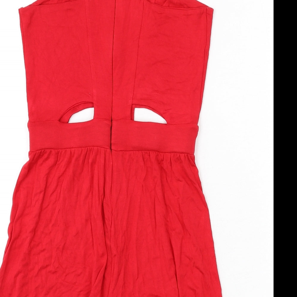Boohoo Womens Red Vinyl Romper One-Piece Size 10 L3 in Zip - Cut Out Detail
