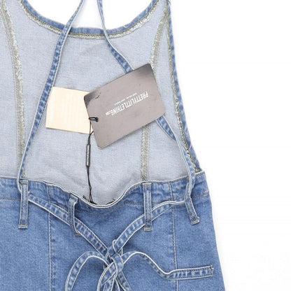 PRETTYLITTLETHING Womens Blue Cotton Bodycon Size 6 Scoop Neck Tie