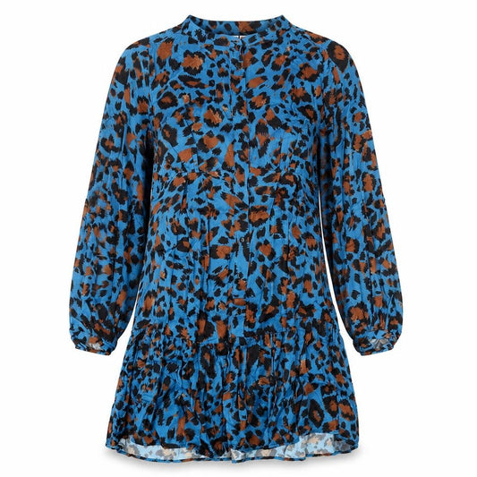 Front view of Gallery women’s blue animal print viscose a-line, size M, round neck button - leopard print