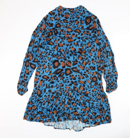 Gallery Womens Blue Animal Print Viscose A-Line Size M Round Neck Button - Leopard Print