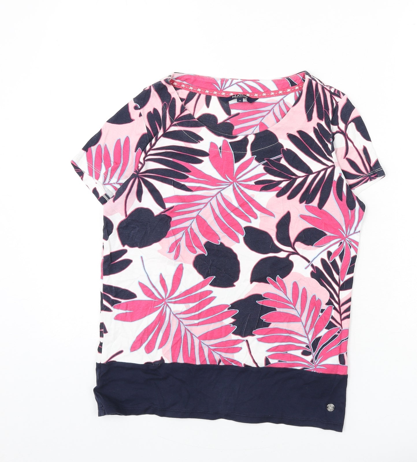 Maine New England Womens Multicoloured Geometric Cotton Basic T-Shirt Size 12 Round Neck - Leaf Print