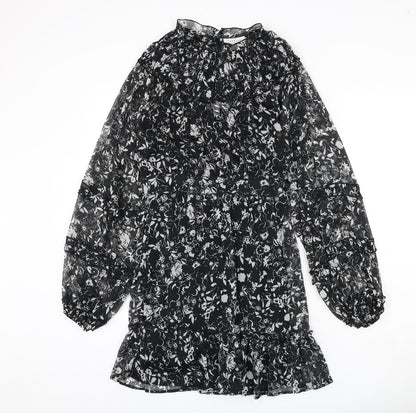 Topshop Womens Black Floral Polyester Sheath Size 10 Mock Neck Button