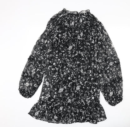 Topshop Womens Black Floral Polyester Sheath Size 10 Mock Neck Button