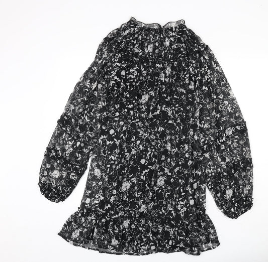 Topshop Womens Black Floral Polyester Sheath Size 10 Mock Neck Button