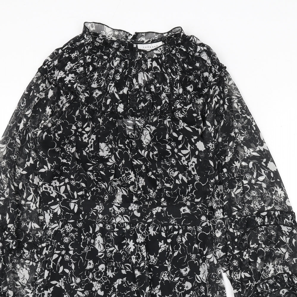 Topshop Womens Black Floral Polyester Sheath Size 10 Mock Neck Button