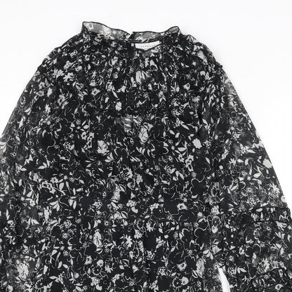 Topshop Womens Black Floral Polyester Sheath Size 10 Mock Neck Button