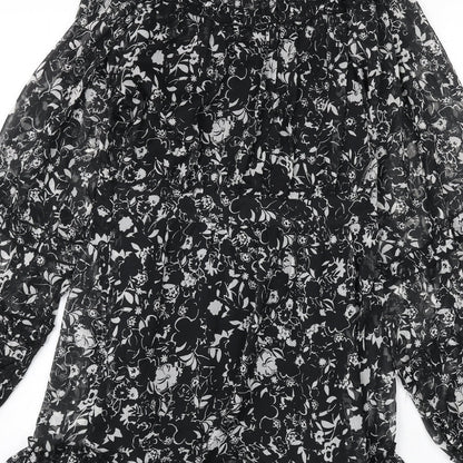 Topshop Womens Black Floral Polyester Sheath Size 10 Mock Neck Button