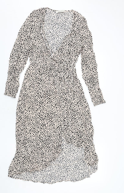 Oasis Womens Beige Geometric Viscose Shift Size 6 V-Neck Pullover - Ruffles, Slit