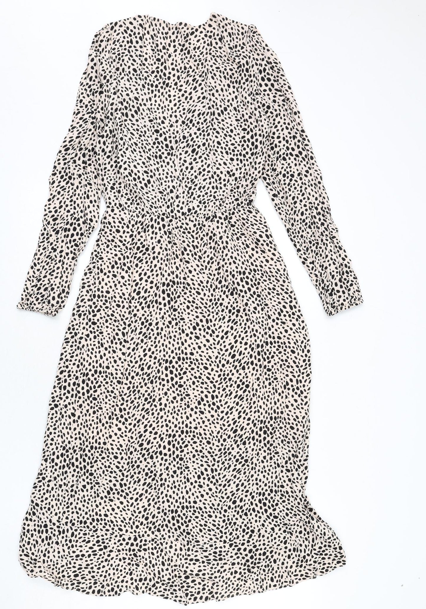 Oasis Womens Beige Geometric Viscose Shift Size 6 V-Neck Pullover - Ruffles, Slit