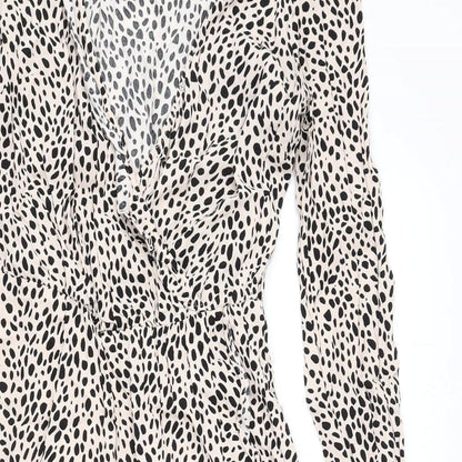 Oasis Womens Beige Geometric Viscose Shift Size 6 V-Neck Pullover - Ruffles, Slit