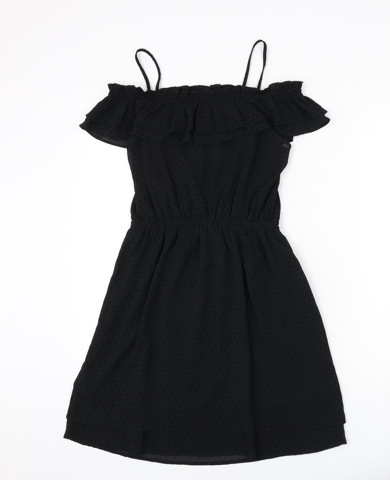 H&M Womens Black Polka Dot Polyester A-Line Size 10 Square Neck Pullover - Ruffle Detail