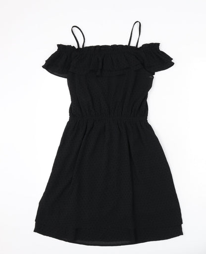 H&M Womens Black Polka Dot Polyester A-Line Size 10 Square Neck Pullover - Ruffle Detail