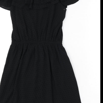 H&M Womens Black Polka Dot Polyester A-Line Size 10 Square Neck Pullover - Ruffle Detail