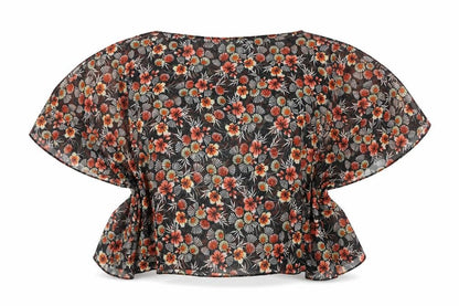 Be Beau Womens Black Floral Polyester Cropped Blouse Size S Boat Neck