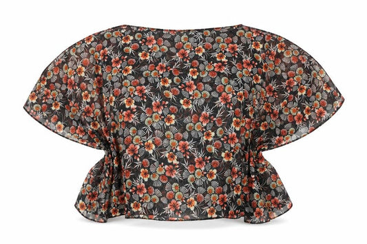 Be Beau Womens Black Floral Polyester Cropped Blouse Size S Boat Neck