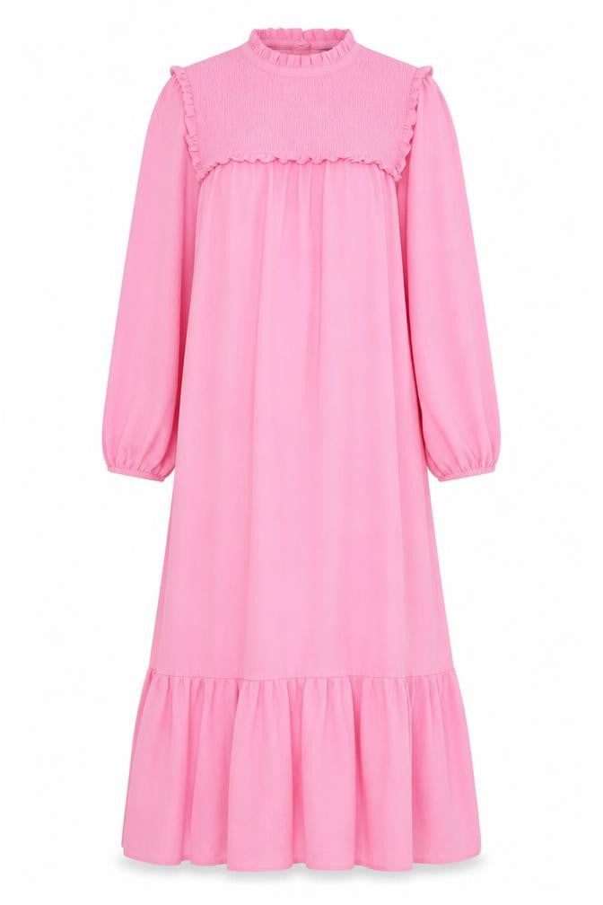 Marks and Spencer Womens Pink Polyester A-Line Size 6 Crew Neck Button - Lettuce Edging, Pleated, Frill