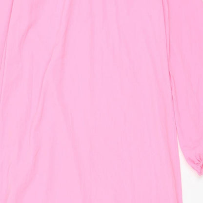 Marks and Spencer Womens Pink Polyester A-Line Size 6 Crew Neck Button - Lettuce Edging, Pleated, Frill
