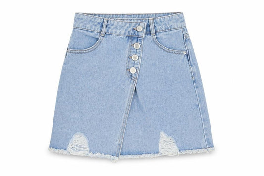 Matalan Girls Blue Cotton A-Line Skirt Size 11 Years Regular Button - Distressed, Pockets, Belt Loops