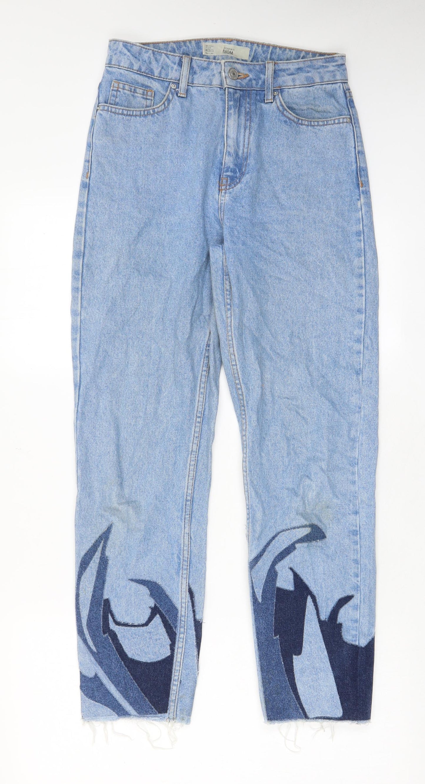 Topshop Womens Blue Geometric Cotton Mom Jeans Size 26 in L34 in Regular Zip - Pockets, Belt Loops