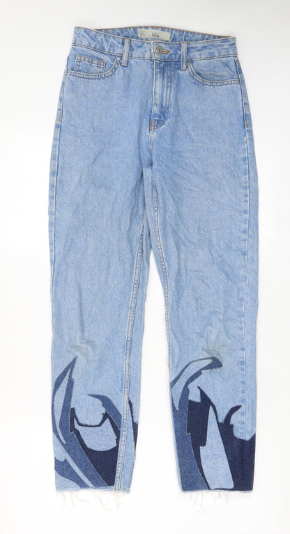 Topshop Womens Blue Geometric Cotton Mom Jeans Size 26 in L34 in Regular Zip - Pockets, Belt Loops