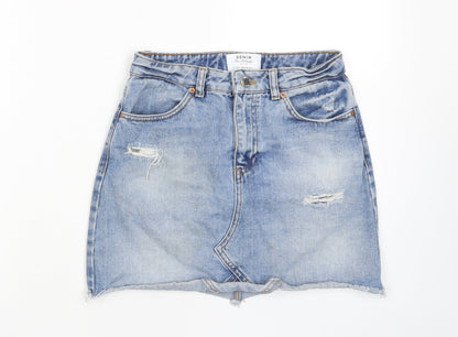 Miss Selfridge Womens Blue Cotton A-Line Skirt Size 8 Zip - Distressed, Pockets, Belt Loops