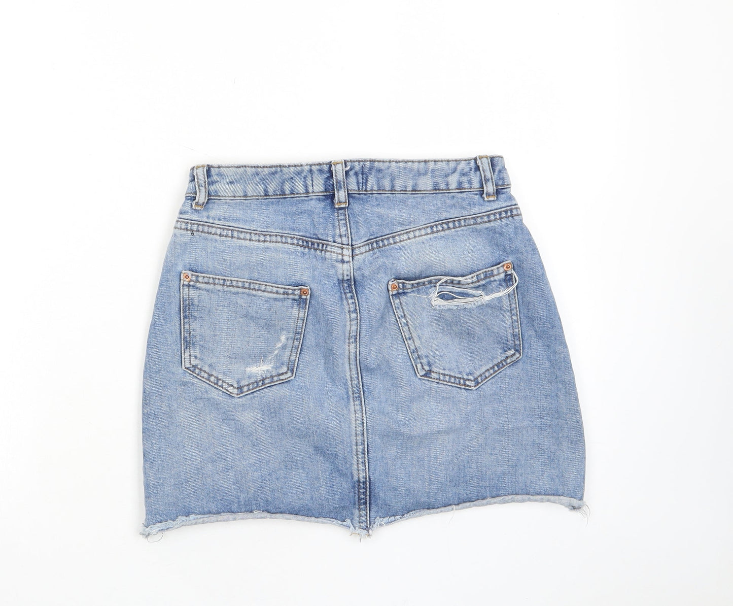 Miss Selfridge Womens Blue Cotton A-Line Skirt Size 8 Zip - Distressed, Pockets, Belt Loops