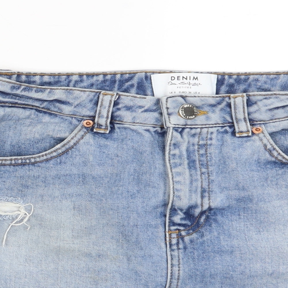 Miss Selfridge Womens Blue Cotton A-Line Skirt Size 8 Zip - Distressed, Pockets, Belt Loops