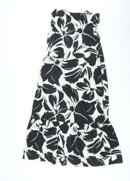 Marks and Spencer Womens Black Floral Cotton Maxi Size 8 Round Neck Button