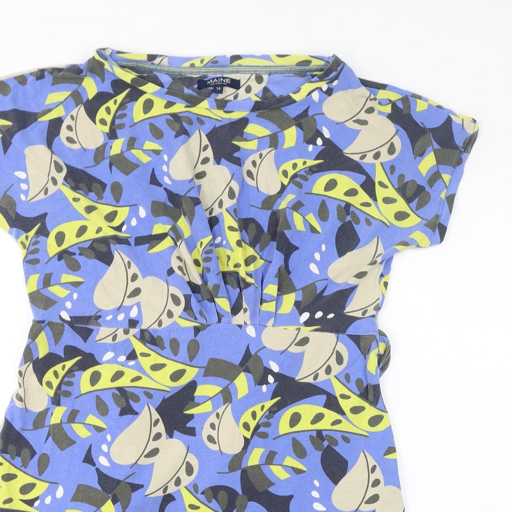 Maine New England Womens Blue Floral Cotton T-Shirt Dress Size 14 Round Neck Pullover