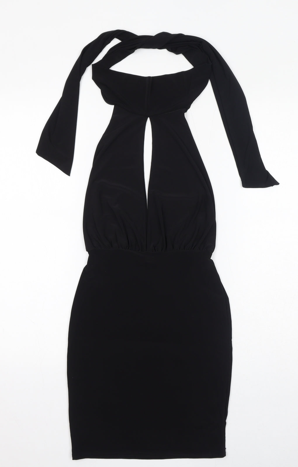 PRETTYLITTLETHING Womens Black Polyester Bodycon Size 6 Halter Tie - Keyhole Neck, Open Back