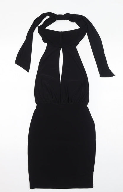 PRETTYLITTLETHING Womens Black Polyester Bodycon Size 6 Halter Tie - Keyhole Neck, Open Back